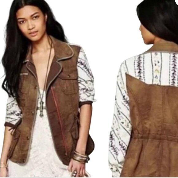 Free People Follow Your Heart Utility Jacket Brown Printed Sleeves Size L - Picture 1 of 10